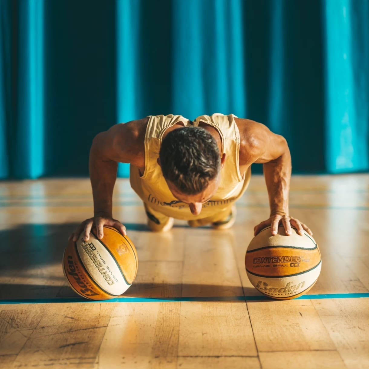 Álvaro Fuentes haciendo flexiones apoyado sobre dos balones de baloncesto